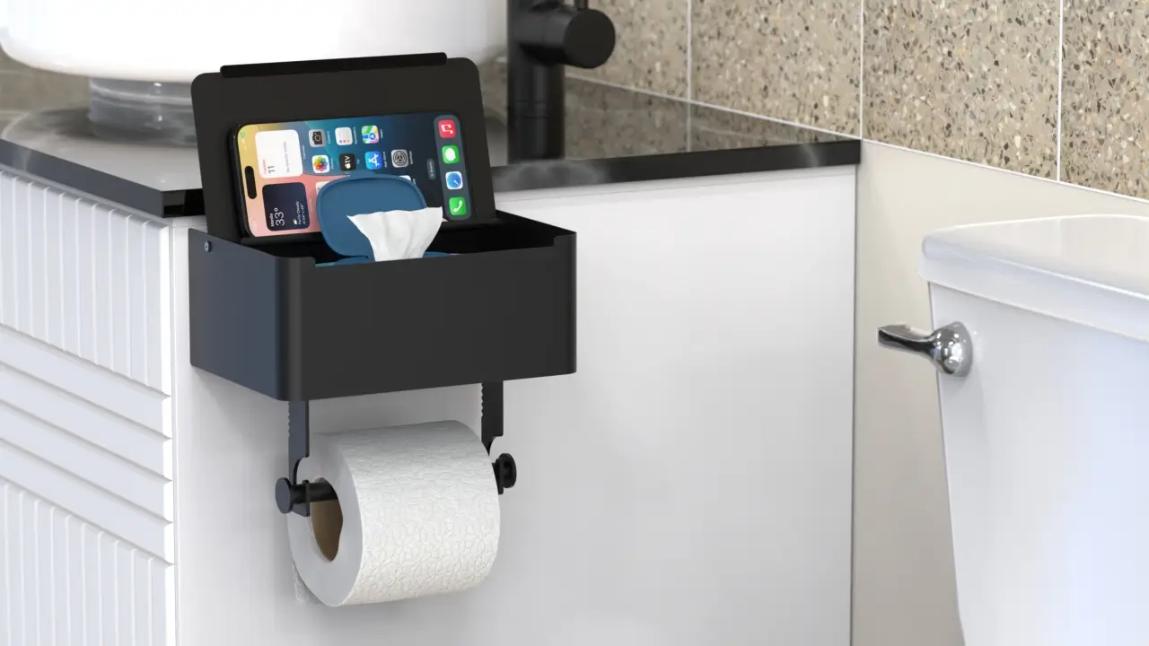 TidyTear toilet paper holder installed in an Airbnb bathroom